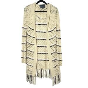 Paper Crane Women’s Striped Open Front Hooded Cardigan Beige Size Large